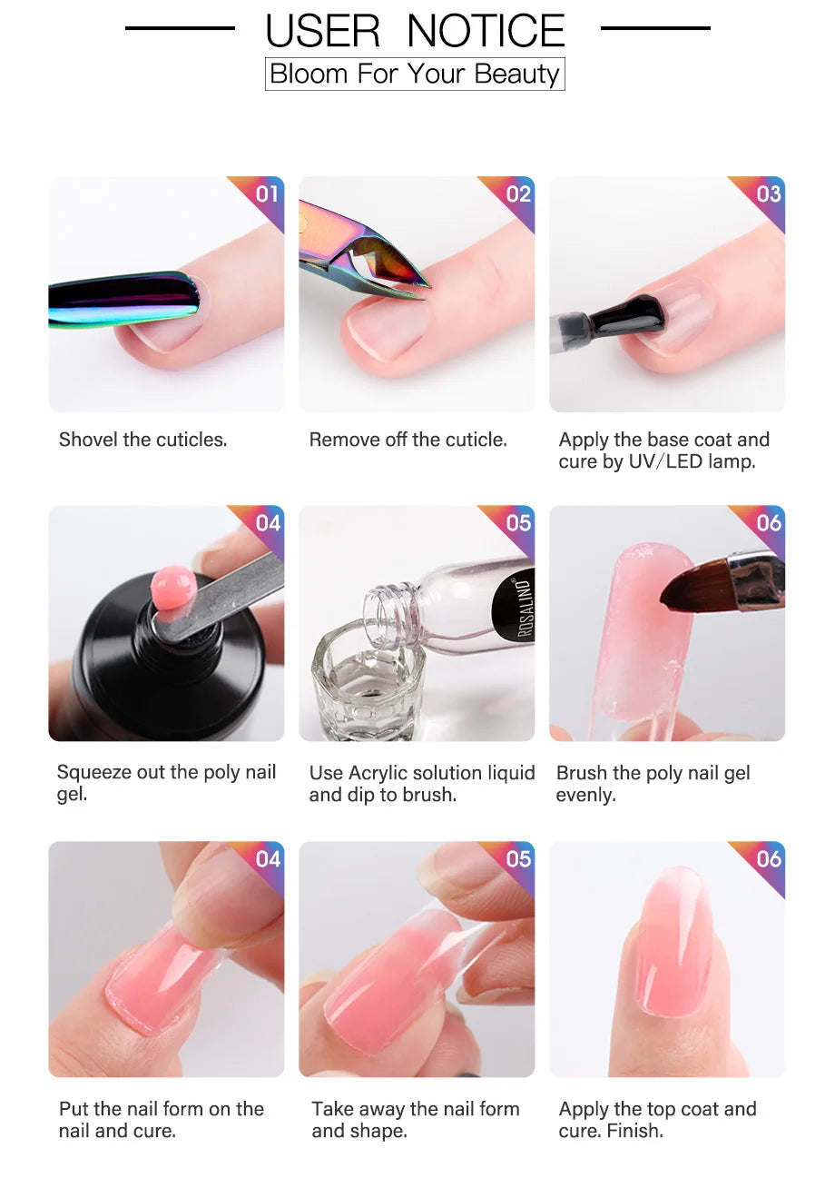 ROSALIND Colorful 15ml Poly Nail Gel Semi Permanent Acrylic Liquid Fast Extension Nail Gel Build Cured with UV/LED Lamp