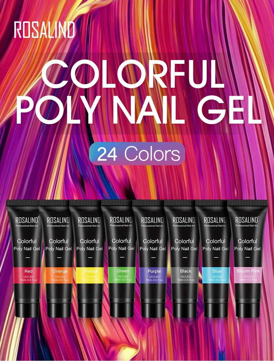 ROSALIND Colorful 15ml Poly Nail Gel Semi Permanent Acrylic Liquid Fast Extension Nail Gel Build Cured with UV/LED Lamp