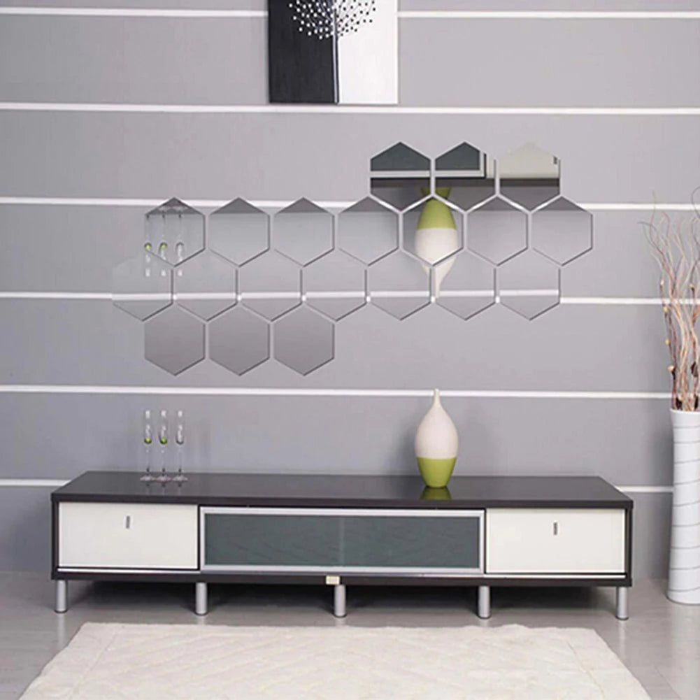 12Pcs Hexagonal Self Adhesive Mirror Effect Wall Sticker Living Room Decal Decor