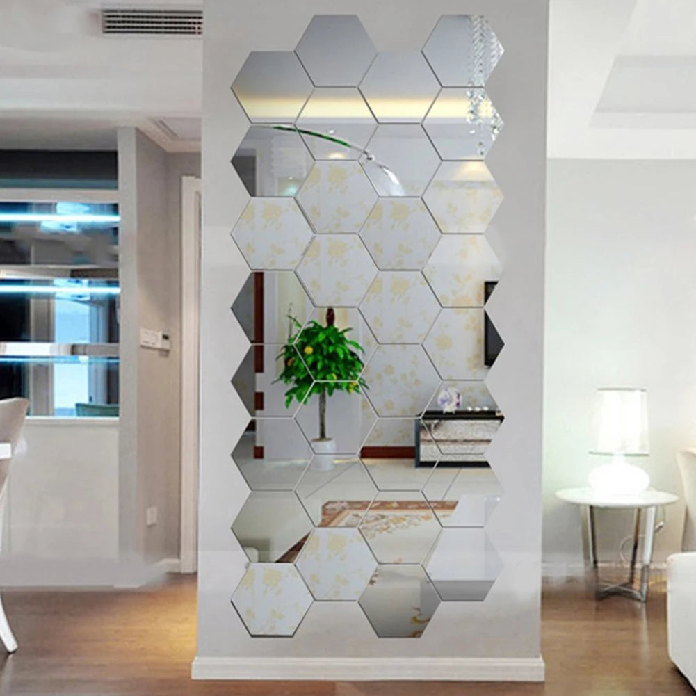 12Pcs Hexagonal Self Adhesive Mirror Effect Wall Sticker Living Room Decal Decor