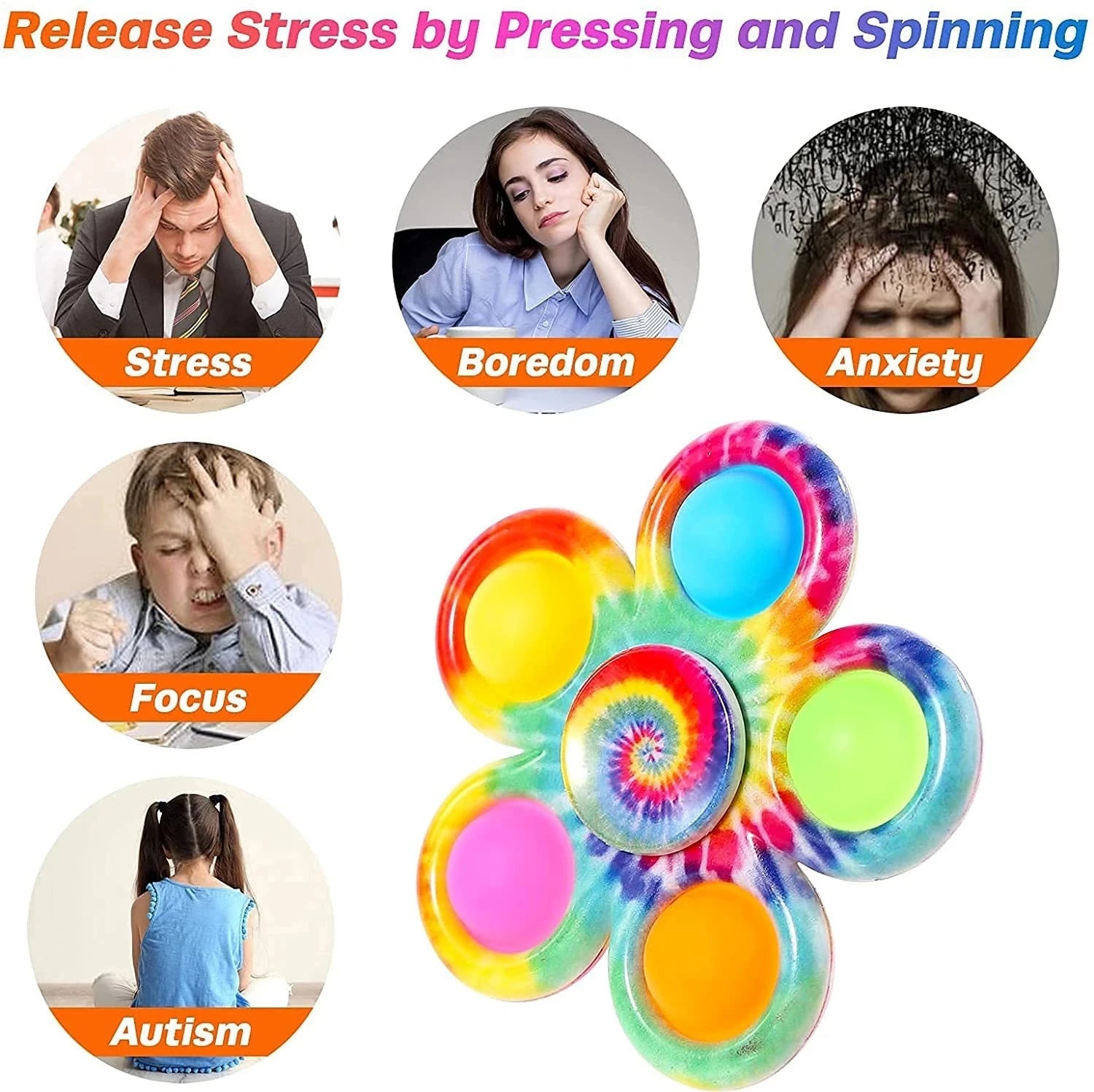 Funny Tie Dye Simple Fidget Spinner Finger Push Bubble Hand Spinner For ADHD Anxiety Stress Relief Sensory Party Favor For Kids