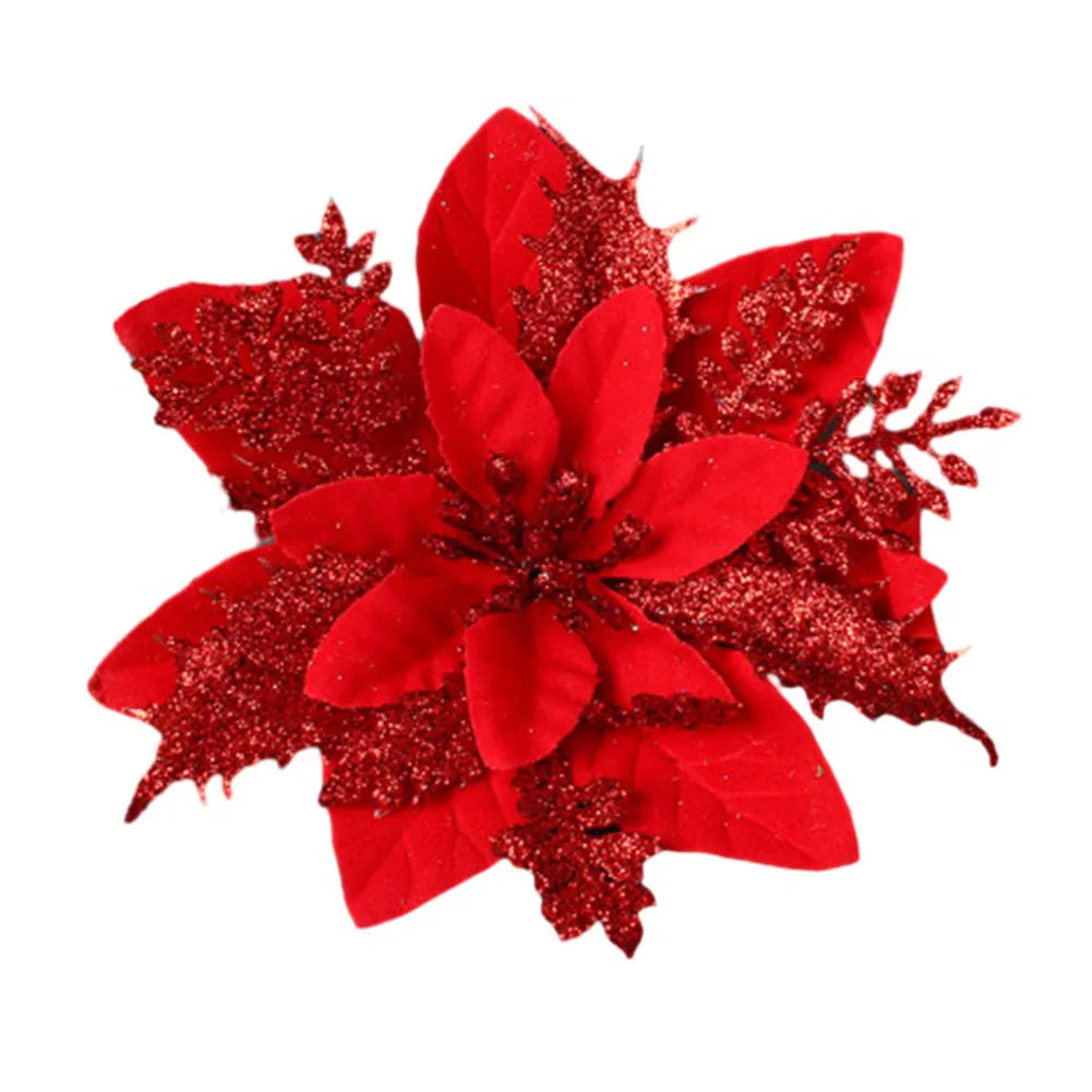 Christmas Flowers For The Tree Christmas Poinsettia Glitter Flower Hanging Xmas Party Tree Decoration Room Ornaments