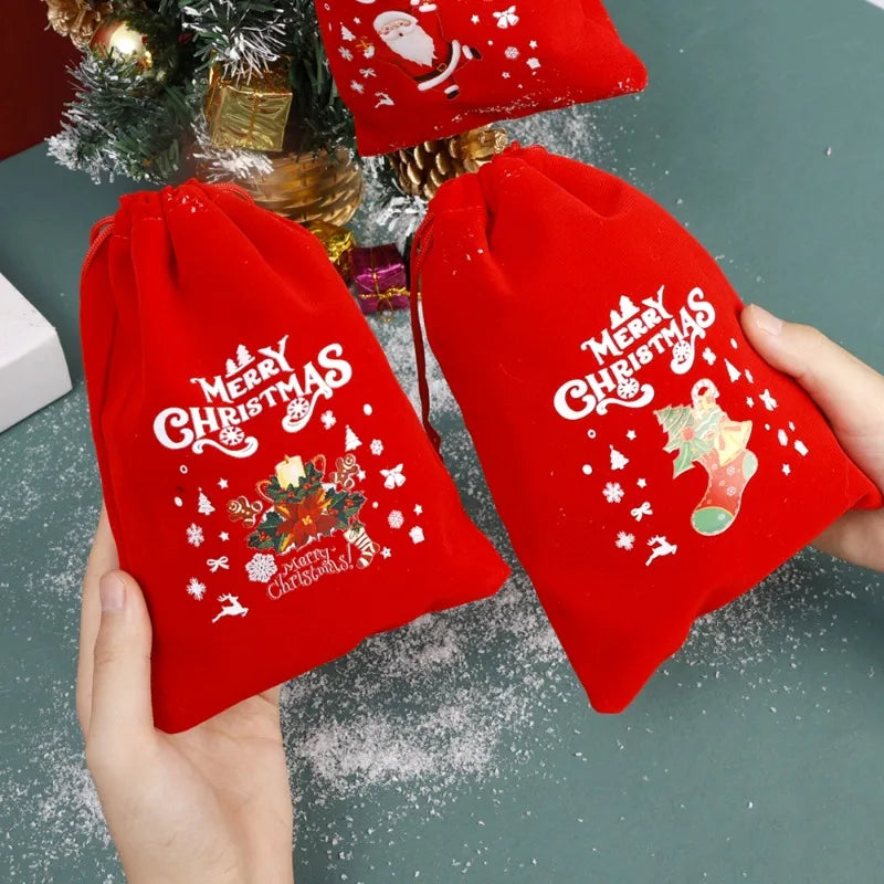 20/1Pcs Red Christmas Velvet Bags Santa Snowman Candy Drawstring Pouch Wrapping Bag for New Year Party Decoration Storage Bag