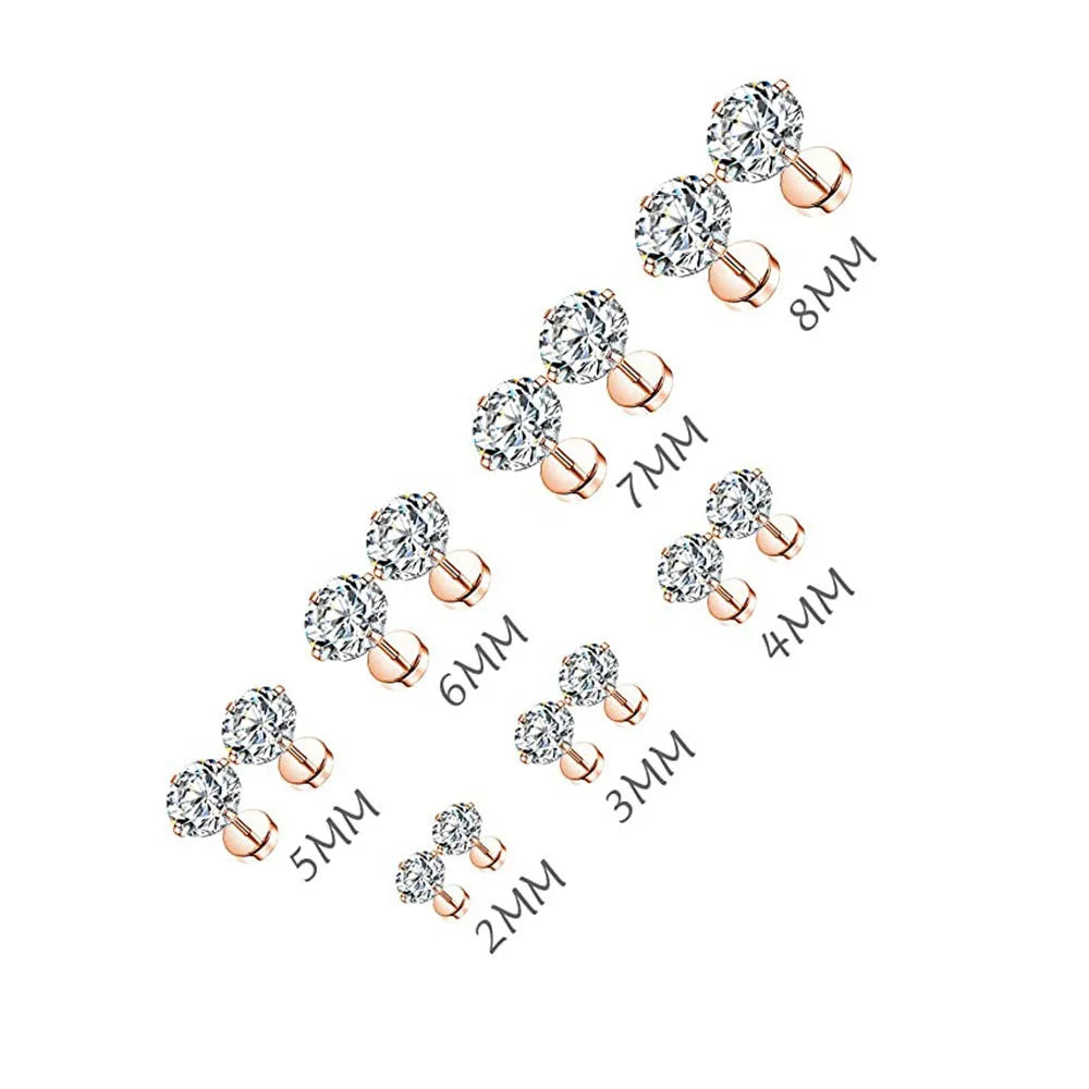 1Pair Stainless Steel Crystal Flat Studs Women Men Bar Screw Back Tragus Round Clear Cubic Zirconia Piercing Earrings Jewelry