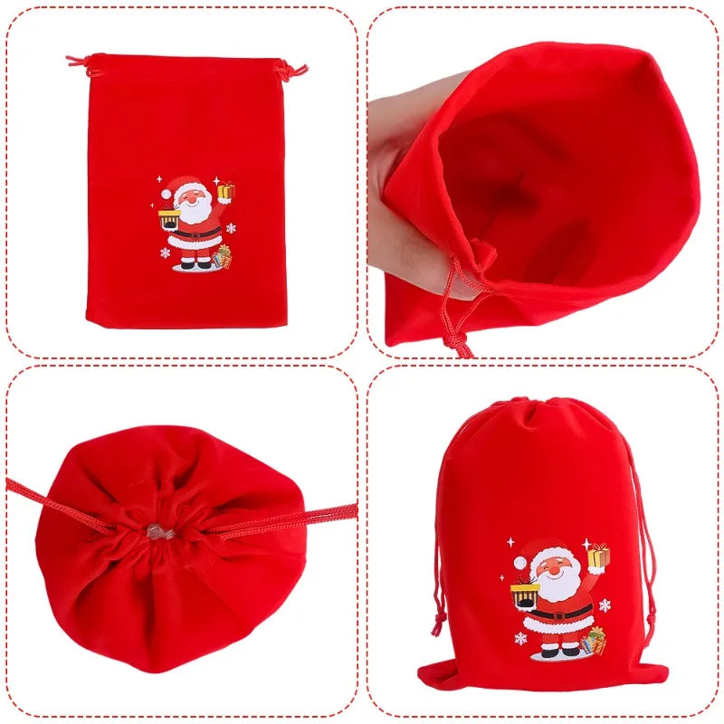 20/1Pcs Red Christmas Velvet Bags Santa Snowman Candy Drawstring Pouch Wrapping Bag for New Year Party Decoration Storage Bag