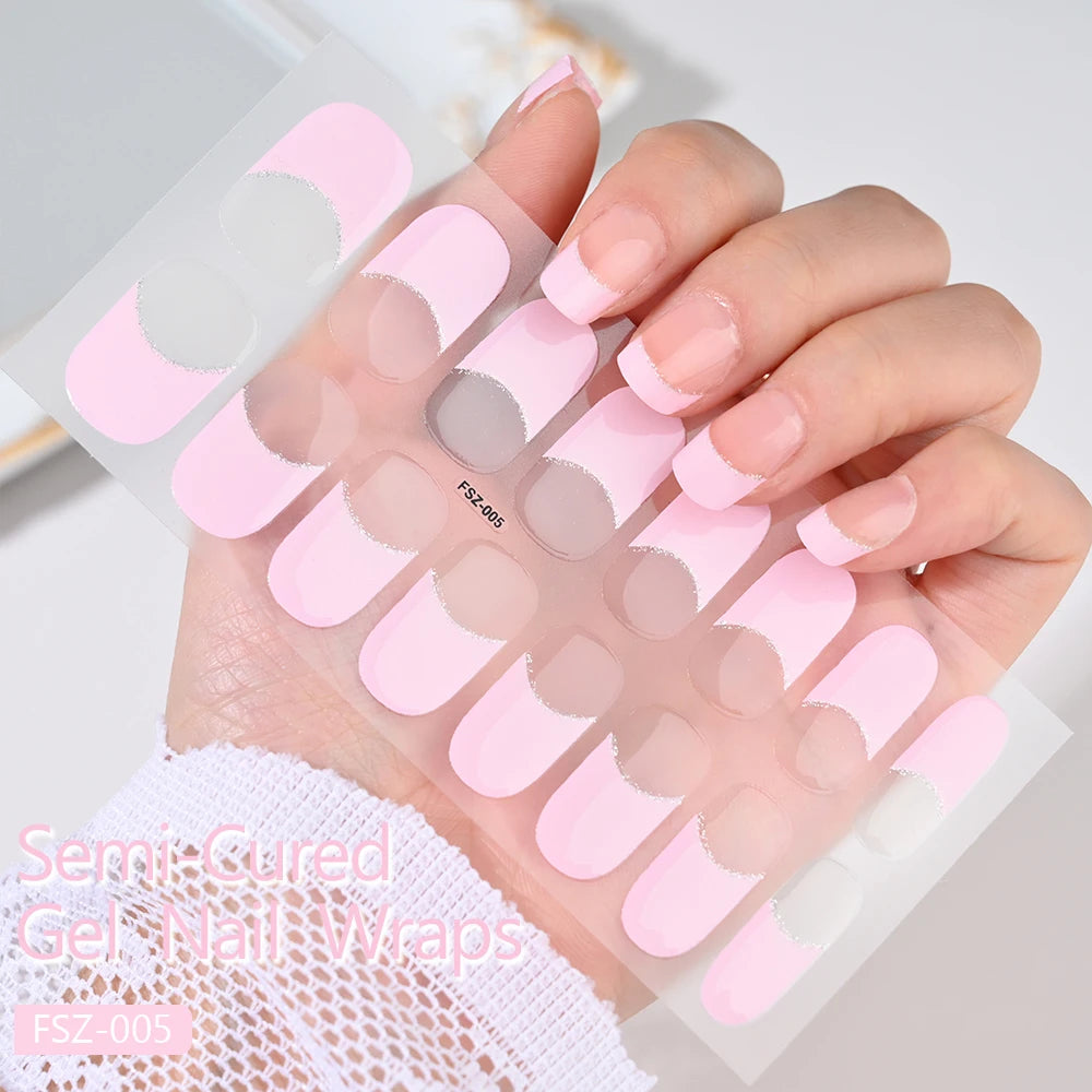 16pcs French UV Semi Cured Nail Stickers White&Red Gel Nail Polish Wraps Lamp Neede Full Cover Nail Decals Adhesive Sliders R#Q7