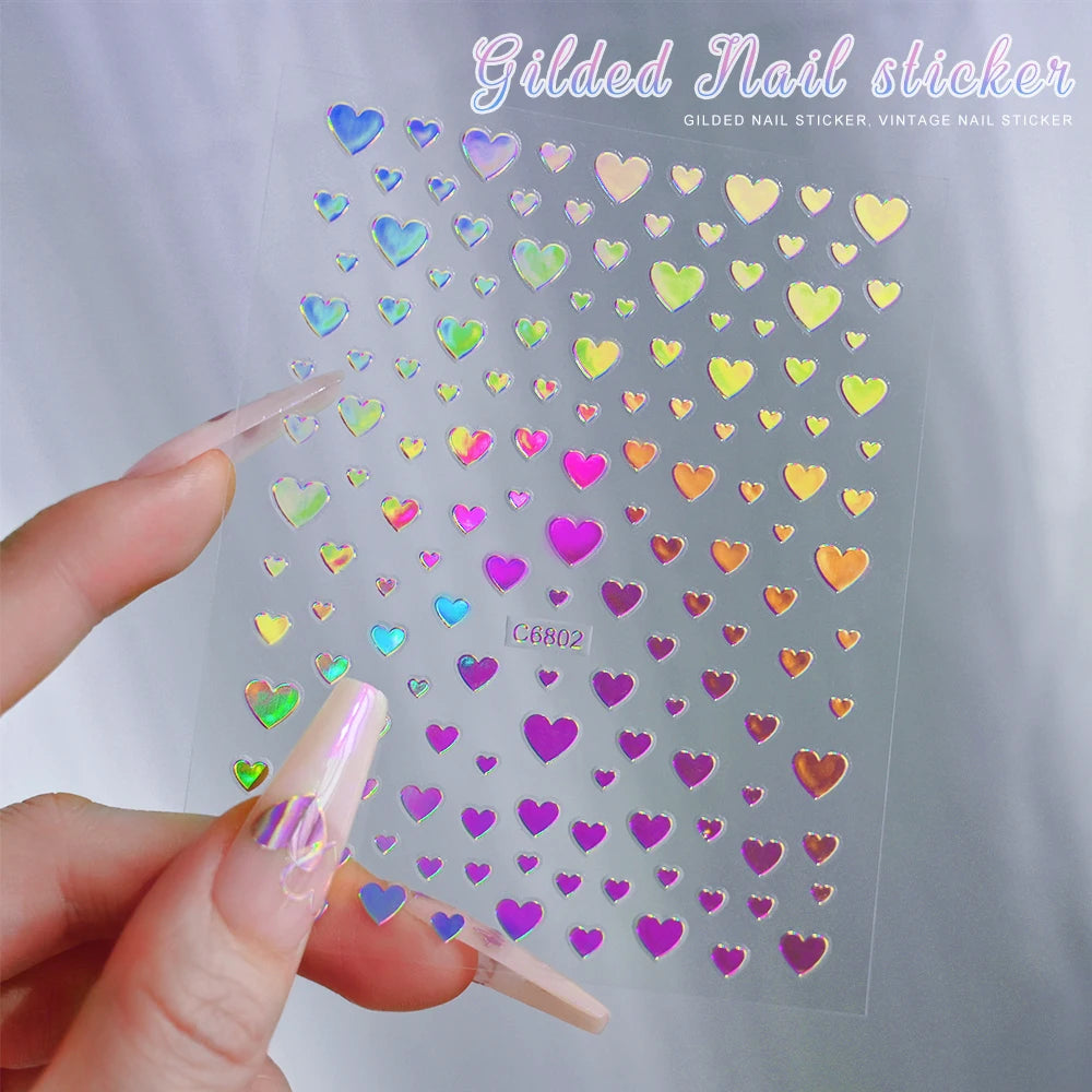 4/6Sheet/Kit Holographic Rainbow Love Heart Nail Sticker 3D Laser Heart Nail Decal Self-Adhesive Love Heart Manicure Slider &*&