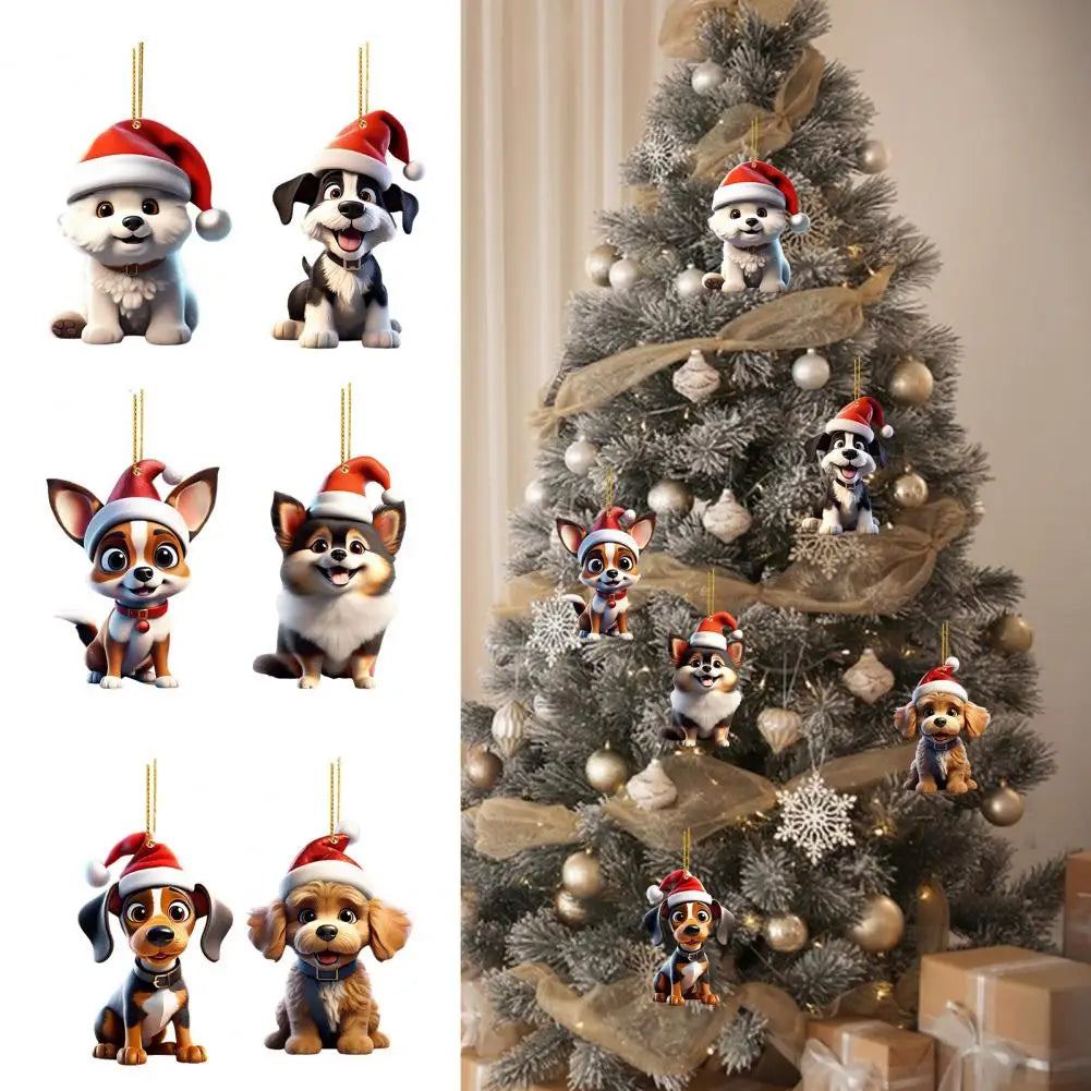 Christmas Tree Hanging Ornament Cartoon Dog Xmas Tree Decoration 2D Flat Acrylic Pendant for Door Window Wall Car Decor