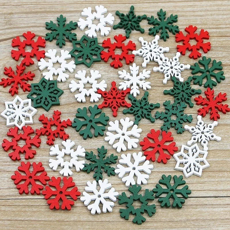 (50 Pieces/pack) 23mm Christmas Snowflake Wood Chips Colorful Diverse New Year's Holiday Party Window Decoration Props Toys DIY