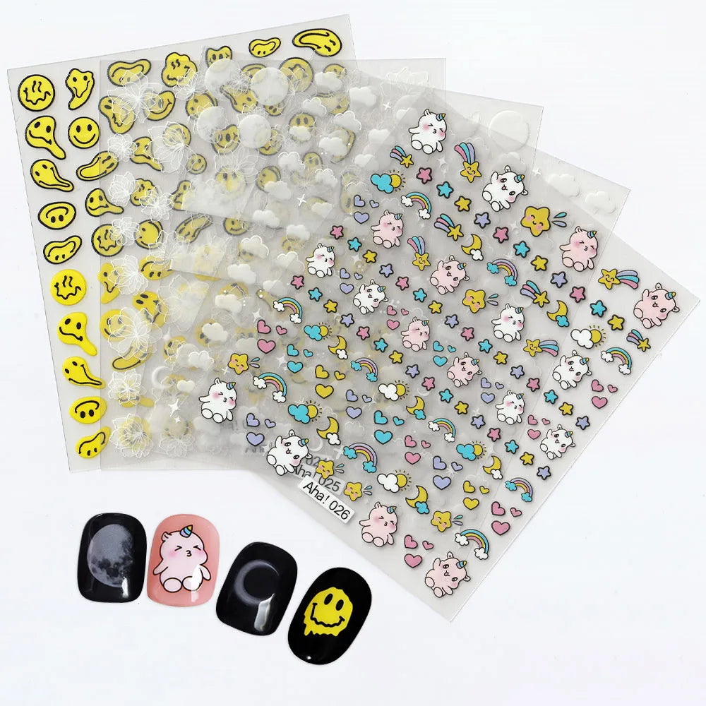 126Pcs Kawaii 3D Cartoon Bear/Heart Nail Stickers Colorful Christmas Bear Flowers Nail Art Decor DIY Self-Adhesive Girl Slider