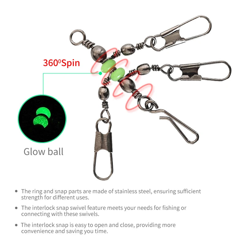 8#/10# 25pcs Luminous Fishing Pin Connector Barrel Swivels Squid Jig Hard Bait With Interlock Snap Fishing Swivels Snap Tackle