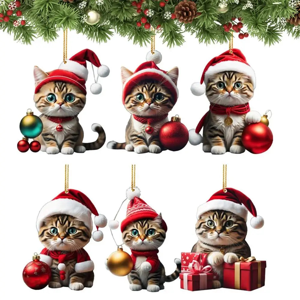 Cartoon Cute Cat Christmas Tree Pendants 2D Acrylic Hanging Ornaments Home Party Christmas Decoration 2023 Navidad New Year Gift