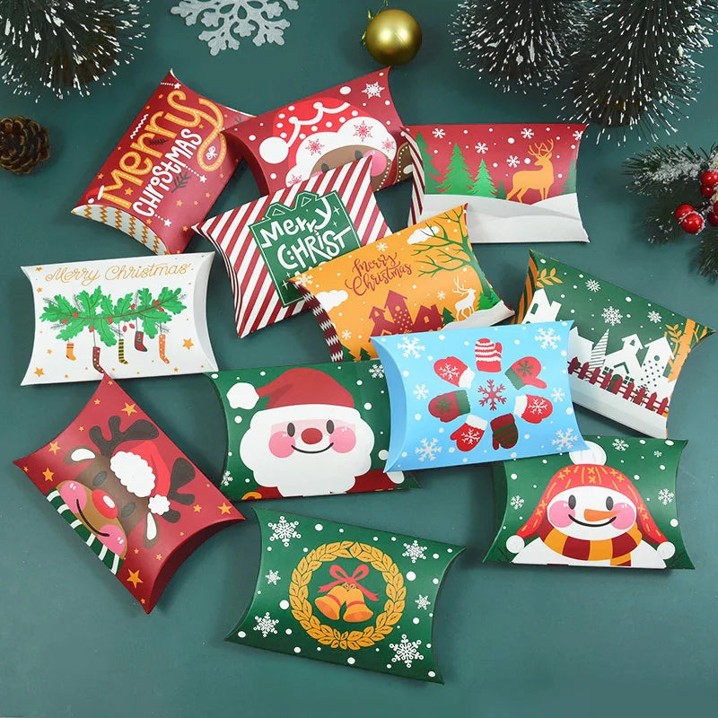 24/12pcs Christmas Pillow Shape Candy Box Merry Christmas Kraft Paper Gift Box Packging Kids Favors Happy New Year Navidad 2024