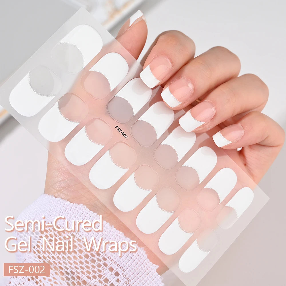 16pcs French UV Semi Cured Nail Stickers White&Red Gel Nail Polish Wraps Lamp Neede Full Cover Nail Decals Adhesive Sliders R#Q7