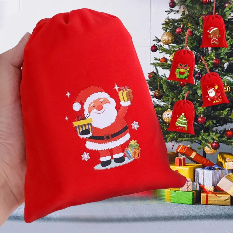 20/1Pcs Red Christmas Velvet Bags Santa Snowman Candy Drawstring Pouch Wrapping Bag for New Year Party Decoration Storage Bag