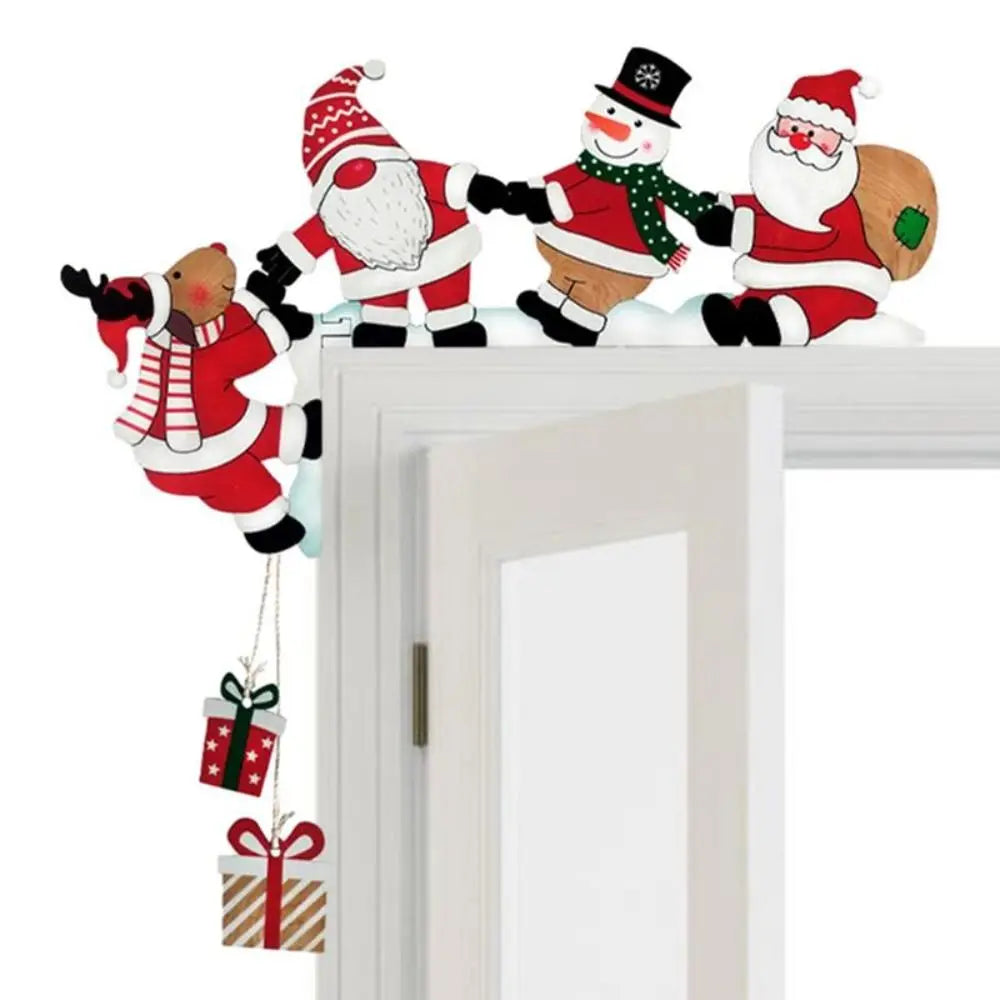 Wood Santa Christmas Door Corner Decor Christmas Door Frame Decor Snowman Reindeer Frame Sign Wooden Pendant Party House Decor