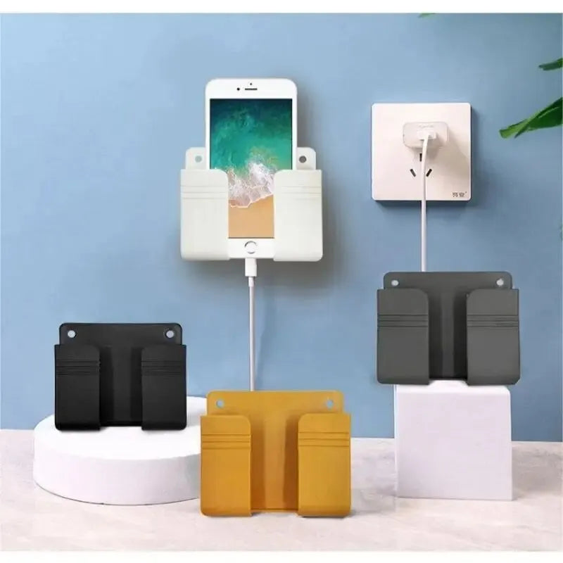 2PCS Wall Mounted Mobile Phone Charging Case Holder with Adhesive Remote Control Base Non Perforated Wall Storage Rack Base