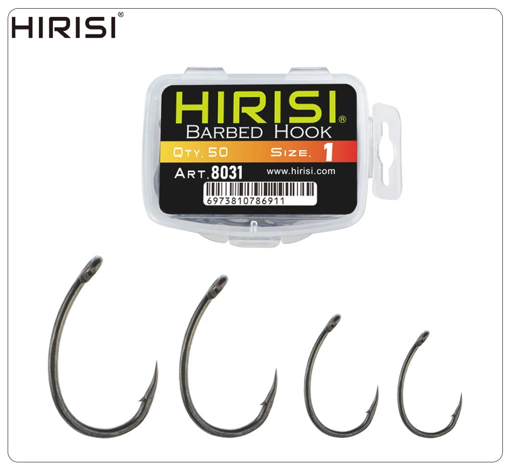 Hirisi 50pcs PTFE Coated High Carbon Stainless Steel Barbed Fish Hook With Eye Fishing Accessories 8031