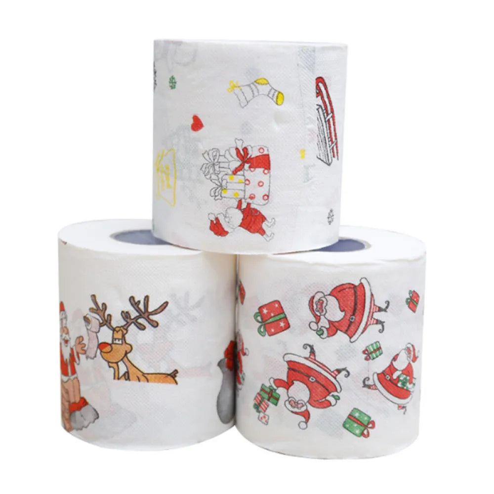 1Roll Christmas Toilet Paper Festival Theme Printed Wood Pulp Toilet Paper Festive Gifts Roll Santa Claus Reindeer Decor Supplie