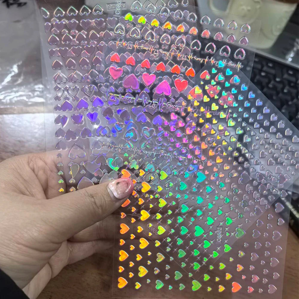 4/6Sheet/Kit Holographic Rainbow Love Heart Nail Sticker 3D Laser Heart Nail Decal Self-Adhesive Love Heart Manicure Slider &*&