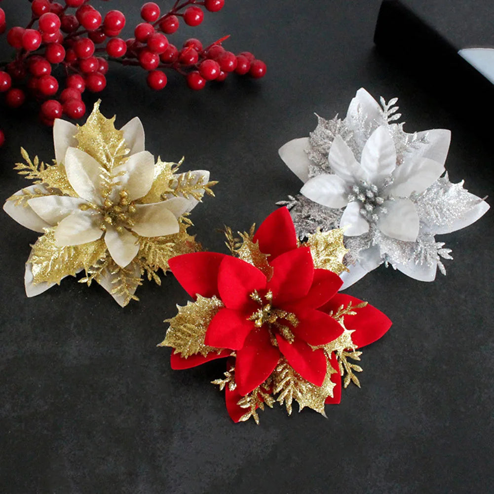 Christmas Flowers For The Tree Christmas Poinsettia Glitter Flower Hanging Xmas Party Tree Decoration Room Ornaments