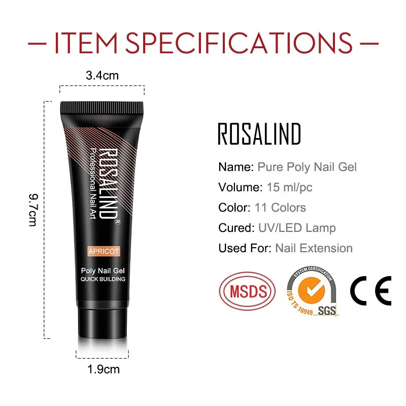 ROSALIND Colorful 15ml Poly Nail Gel Semi Permanent Acrylic Liquid Fast Extension Nail Gel Build Cured with UV/LED Lamp