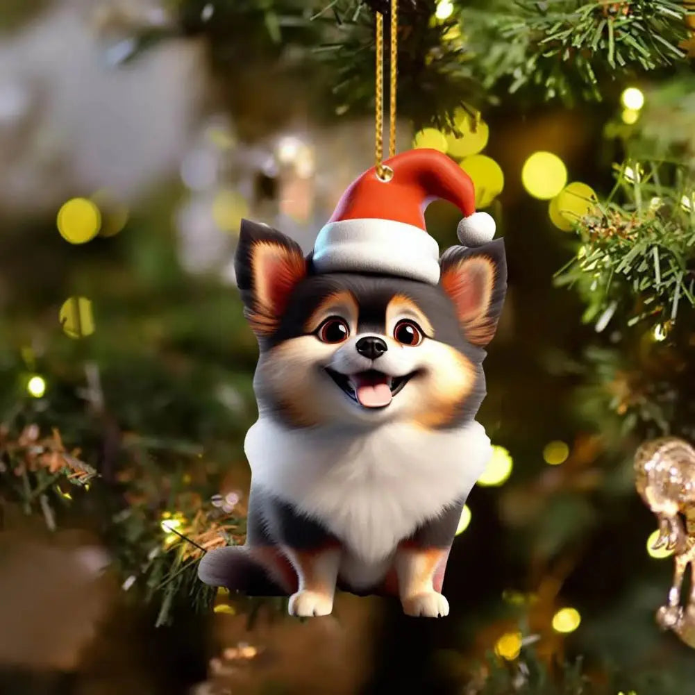 Christmas Tree Hanging Ornament Cartoon Dog Xmas Tree Decoration 2D Flat Acrylic Pendant for Door Window Wall Car Decor