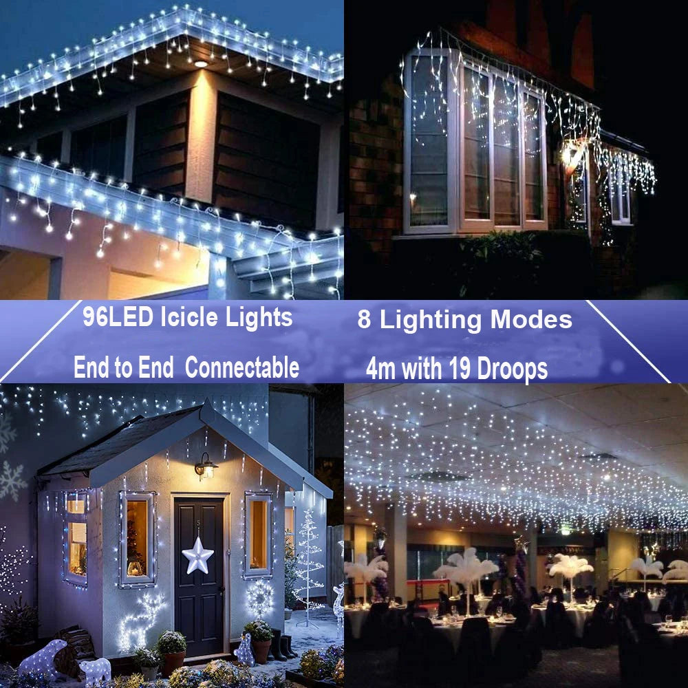 ﻿ Christmas Lights Outdoor Decorations 192 LED 8M Curtain Fairy String Light for Mall Eaves Balcony Fence House Decoration