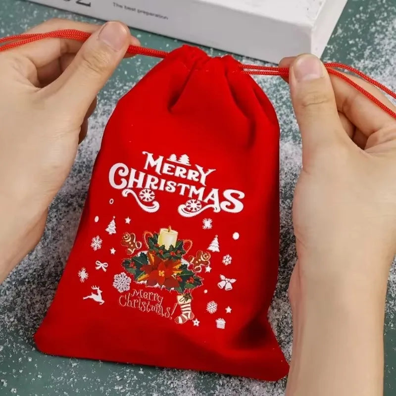 20/1Pcs Red Christmas Velvet Bags Santa Snowman Candy Drawstring Pouch Wrapping Bag for New Year Party Decoration Storage Bag