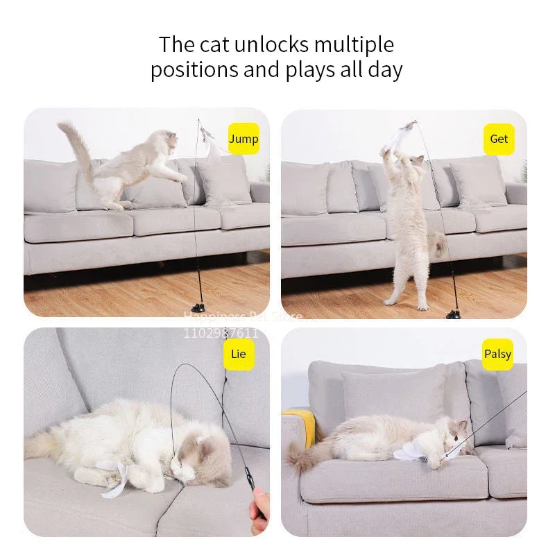 Cat Toy Cat Teaser Stick With Bell Extended Rod Suction Cup Self High And Durable Bite Teaser Tool Replaceable Feather Head