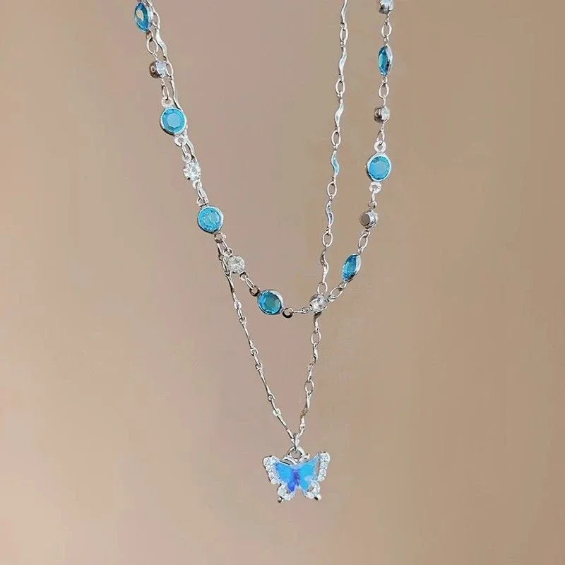 LATS Romantic Blue Crystal Butterfly Necklace for Women Girls Simple Shiny Zircon Bilayer Choker Clavicle Chain New Fine Jewelry