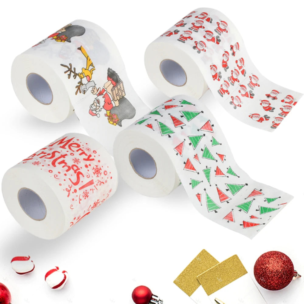 1Roll Christmas Toilet Paper Festival Theme Printed Wood Pulp Toilet Paper Festive Gifts Roll Santa Claus Reindeer Decor Supplie