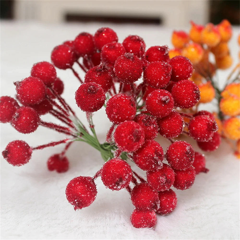 40heads Mini Christmas Frosted Artificial Berry Vivid Red Holly Berries Wedding Party Decoration Artificial Flowers Home Decor