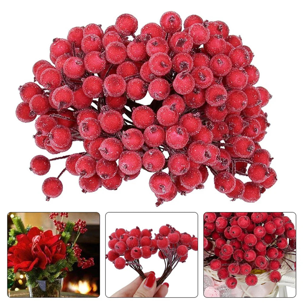 40heads Mini Christmas Frosted Artificial Berry Vivid Red Holly Berries Wedding Party Decoration Artificial Flowers Home Decor