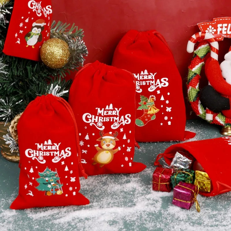 20/1Pcs Red Christmas Velvet Bags Santa Snowman Candy Drawstring Pouch Wrapping Bag for New Year Party Decoration Storage Bag