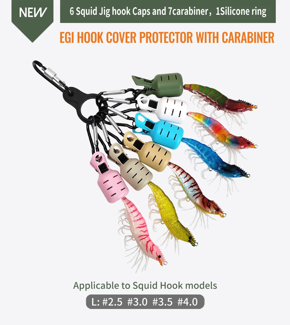 New Squid Jig Bait Protector Kit 6pcs Webfoot Octopus Egi Hooks Cover Cuttlefish Umbrella Lure Cap with Carabiner Fishing Tackle