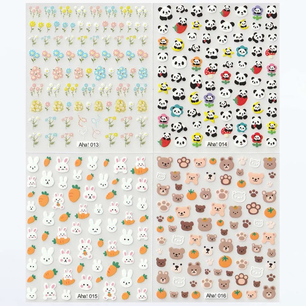 126Pcs Kawaii 3D Cartoon Bear/Heart Nail Stickers Colorful Christmas Bear Flowers Nail Art Decor DIY Self-Adhesive Girl Slider