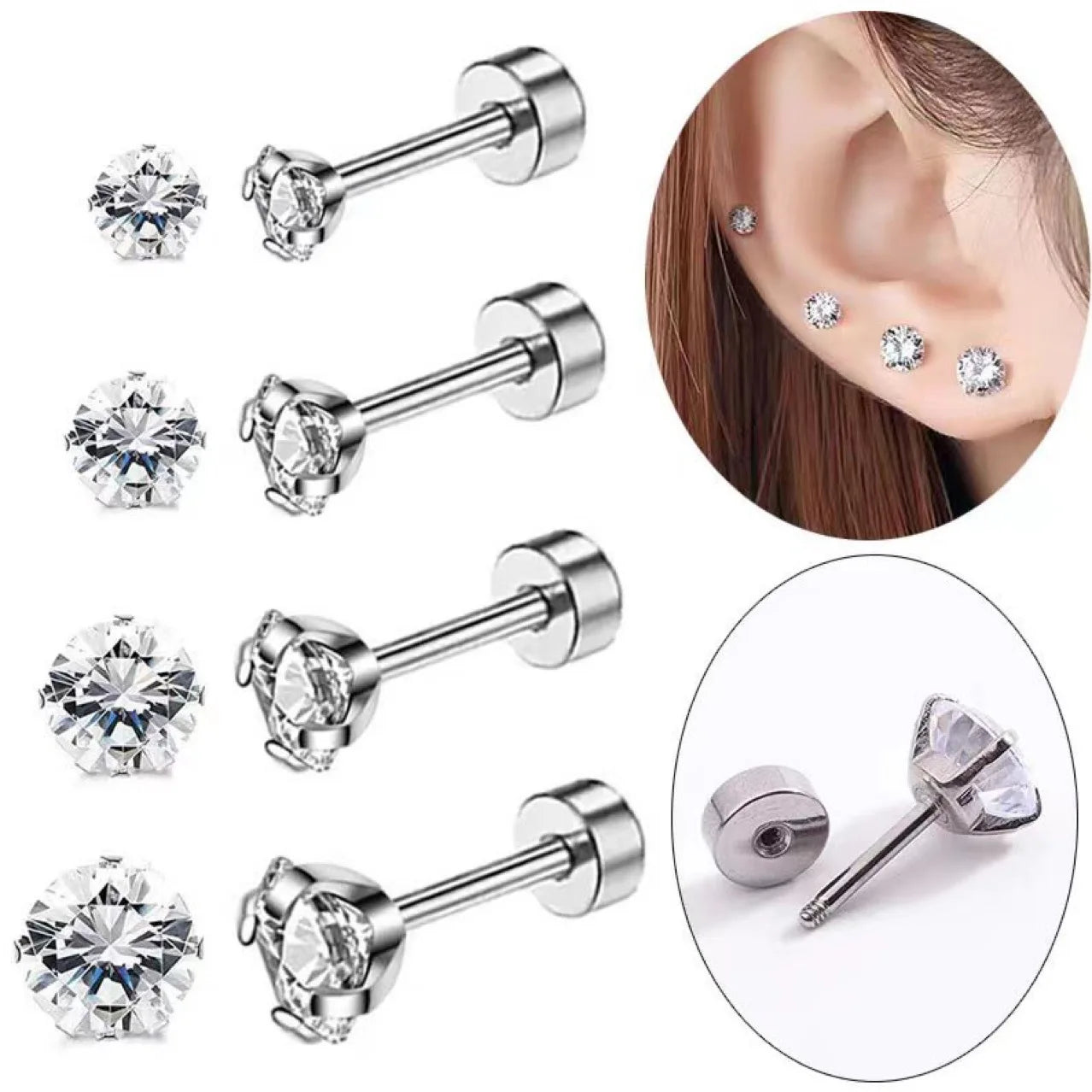 1Pair Stainless Steel Crystal Flat Studs Women Men Bar Screw Back Tragus Round Clear Cubic Zirconia Piercing Earrings Jewelry