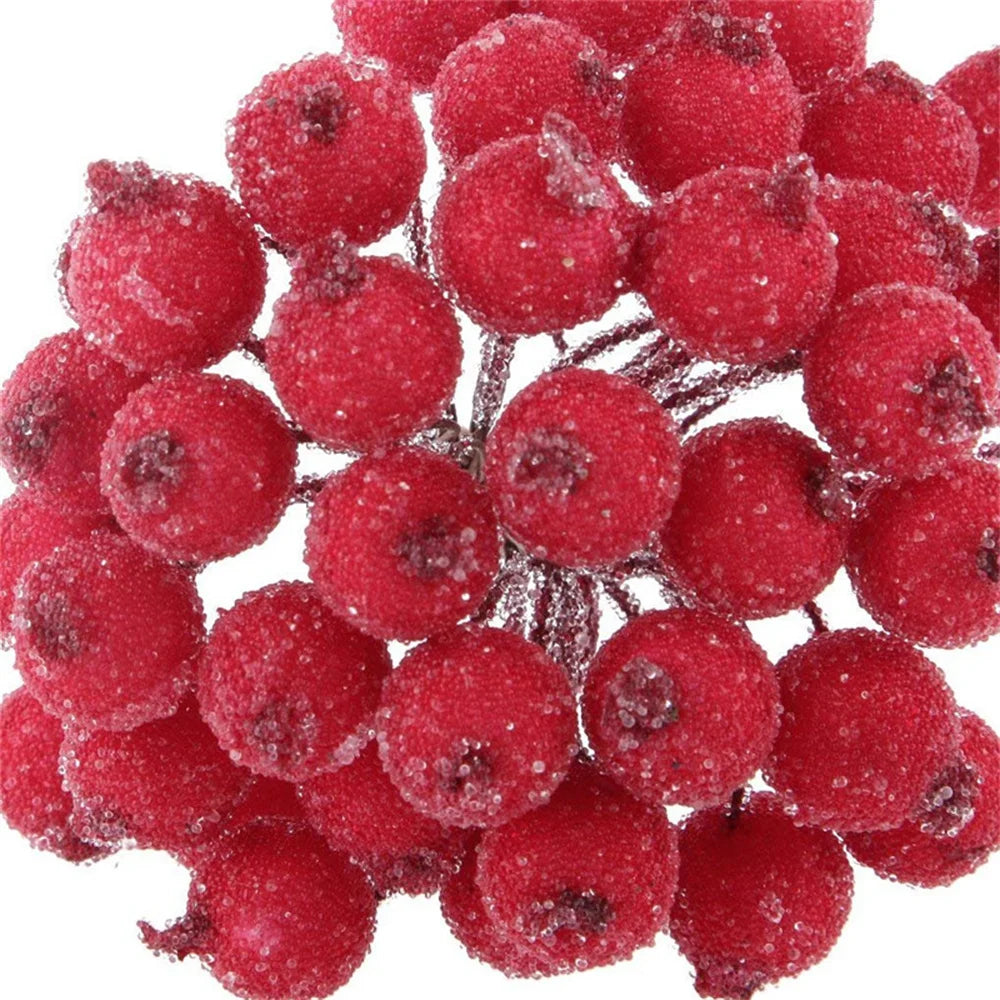 40heads Mini Christmas Frosted Artificial Berry Vivid Red Holly Berries Wedding Party Decoration Artificial Flowers Home Decor