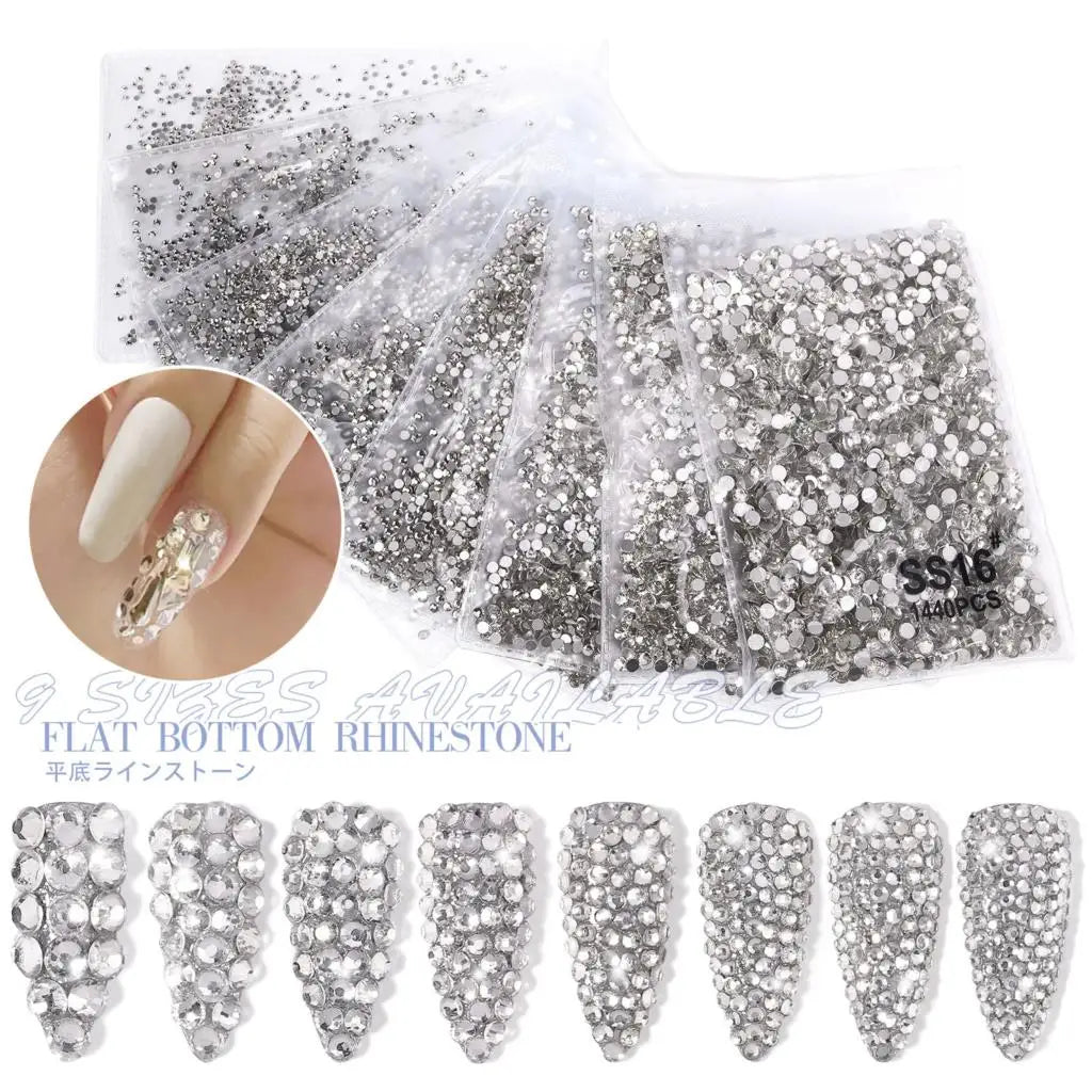 1440Pcs Clear/AB SS3-SS16 Nail Rhinestones Sparkly Glass Diamonds Round Flat-back Mini Rhinestone Nail Gems Manicure Accessories