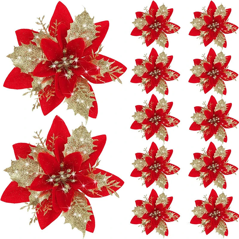 5pcs 14.5cm Glitter Artifical Christmas Flowers Mreey Christmas Tree Decoration Happy New Year Ornaments Xmas Fake Flowers natal