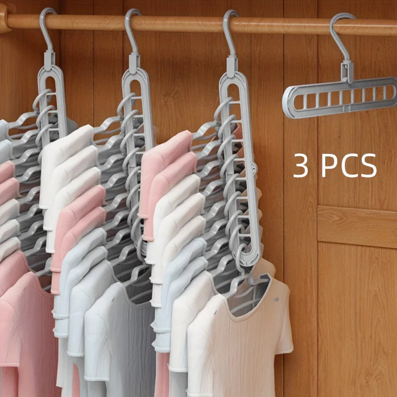 3pcs, Plastic 9-Hole Foldable Hangers, Heavy Duty Space Saving Clothes Organizer Hangers, For Room, Closet, Wardrobe, Home & Dor