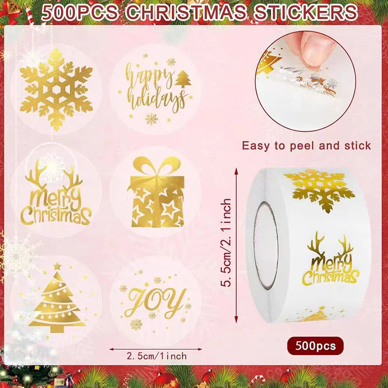 500pcs/Roll Scrapbooking Stickers Transparent Gold Silver Foil Merry Christmas Christmas Tree Snowflakes Elk Gift Label Sticker