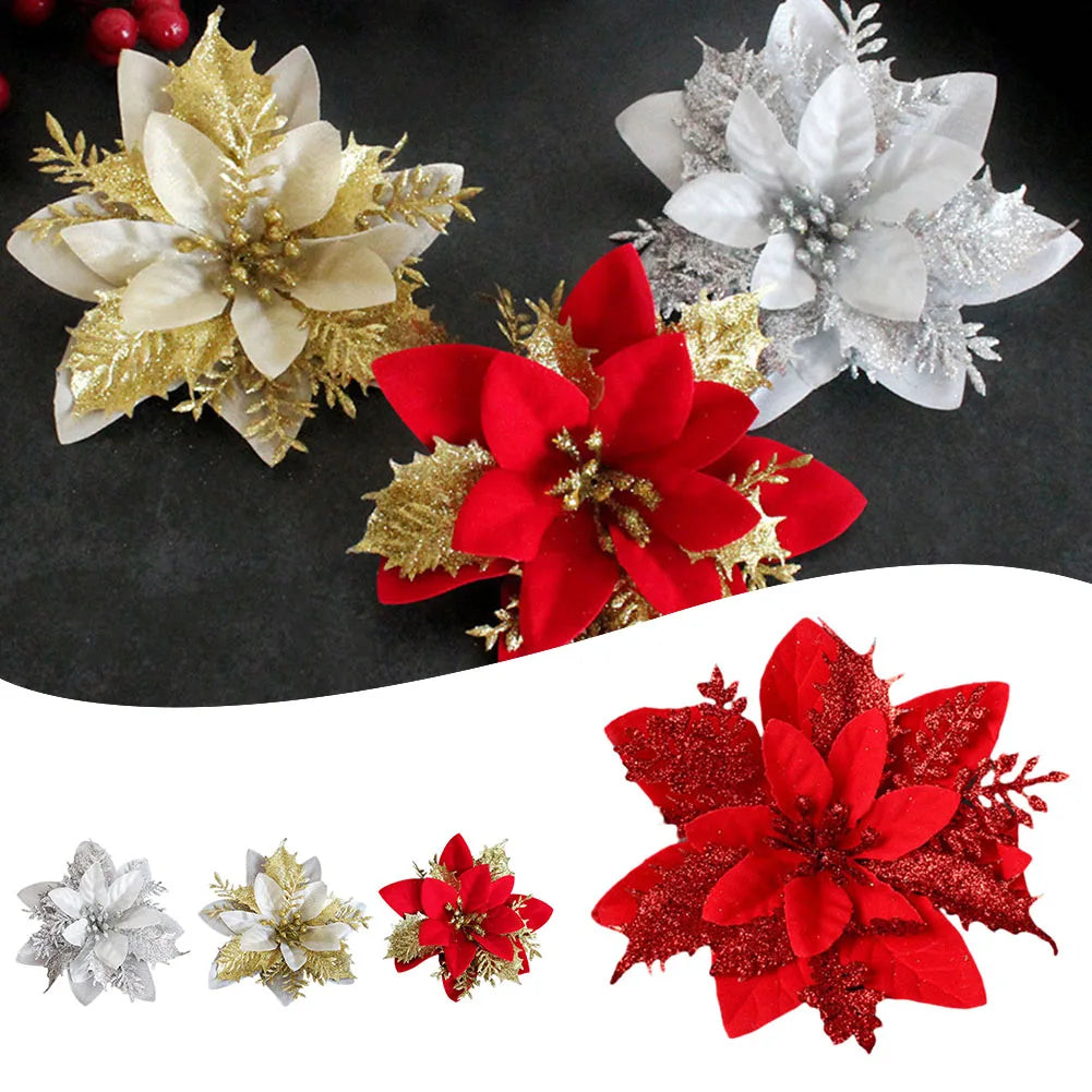 Christmas Flowers For The Tree Christmas Poinsettia Glitter Flower Hanging Xmas Party Tree Decoration Room Ornaments