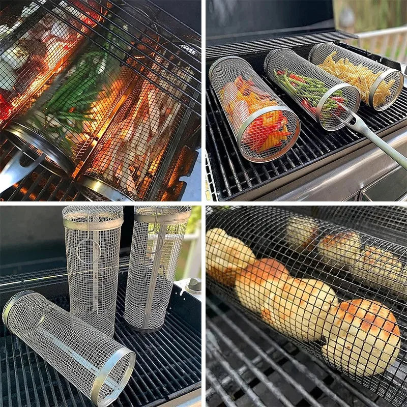 BBQ Basket Stainless Steel Rolling Grilling Basket Wire Mesh Cylinder Cylindrical Portable Round Outdoor Camping Barbecue Rack