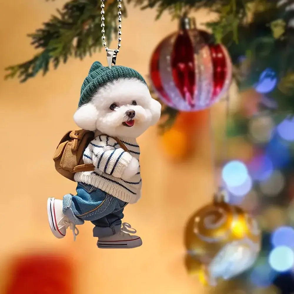 Cute 2D Acrylic Puppy Pendant Trendy Backpack Teddy Dog Xmas Tree Hanging Ornaments Car Decorative Christmas Decorations Gifts