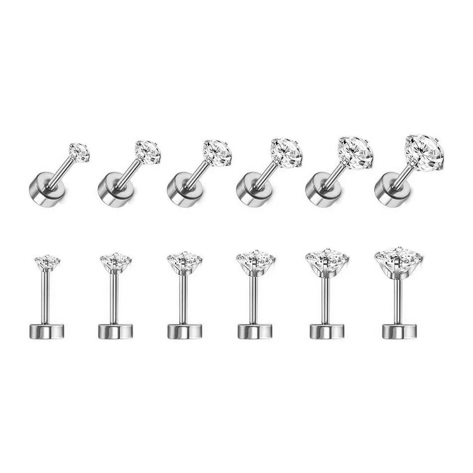 1Pair Stainless Steel Crystal Flat Studs Women Men Bar Screw Back Tragus Round Clear Cubic Zirconia Piercing Earrings Jewelry