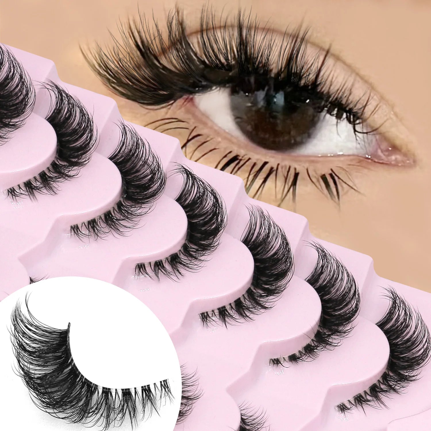 GROINNEYA False Eyelashes Cat Eye Lashes 5/7 Pairs Half Eye Lashes Fluffy Soft Natural Look Nvisible Band Mink lashes Makeup