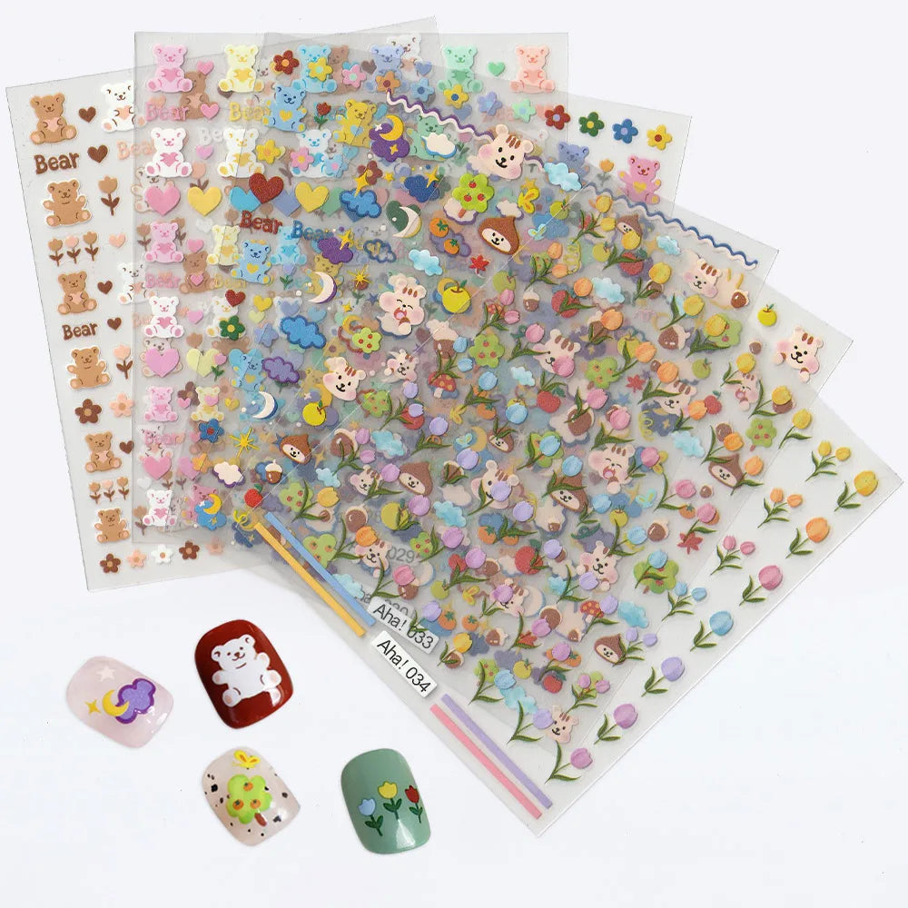 126Pcs Kawaii 3D Cartoon Bear/Heart Nail Stickers Colorful Christmas Bear Flowers Nail Art Decor DIY Self-Adhesive Girl Slider