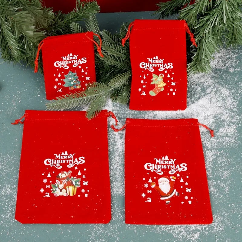 20/1Pcs Red Christmas Velvet Bags Santa Snowman Candy Drawstring Pouch Wrapping Bag for New Year Party Decoration Storage Bag